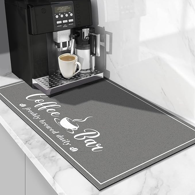 Absorbent Coffee Mat, Fashion Dish Drying Mat for Kitchen Counter Coffee Bar Accessories Espresso Machine Dish Rack 16" x 24" Dark Grey