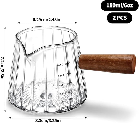2 PCS Espresso Measuring Cup 6 Oz, Espresso Glass Cups with Wood Handle, Milk Frothing Cup, Espresso Cup for Coffee, Milk, Tea or Maple Syrup Serving