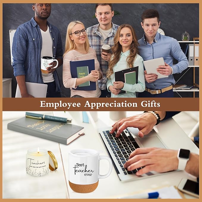 4 Pcs Best Teacher Ever Gifts Set Teacher Week Appreciation Gifts for Valentines Day Thank You Coffee Mug Cup Notebook Scented Candle Ballpoint Pen for Birthday Retirement Holiday