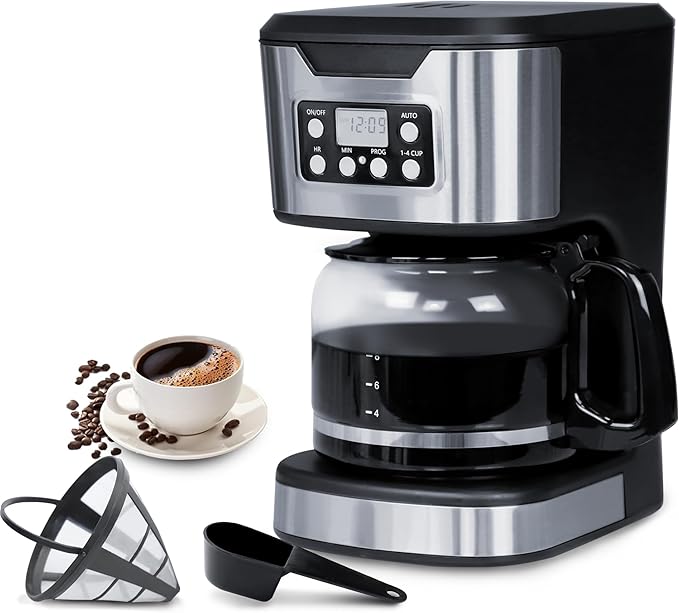 Programmable Coffee Maker 12 Cup Brew & Drip coffee machine, Fully Automatic, 1-4 Cup Setting, Stainless Steel, Keep- Warm Function, Household, Home and Office, Black