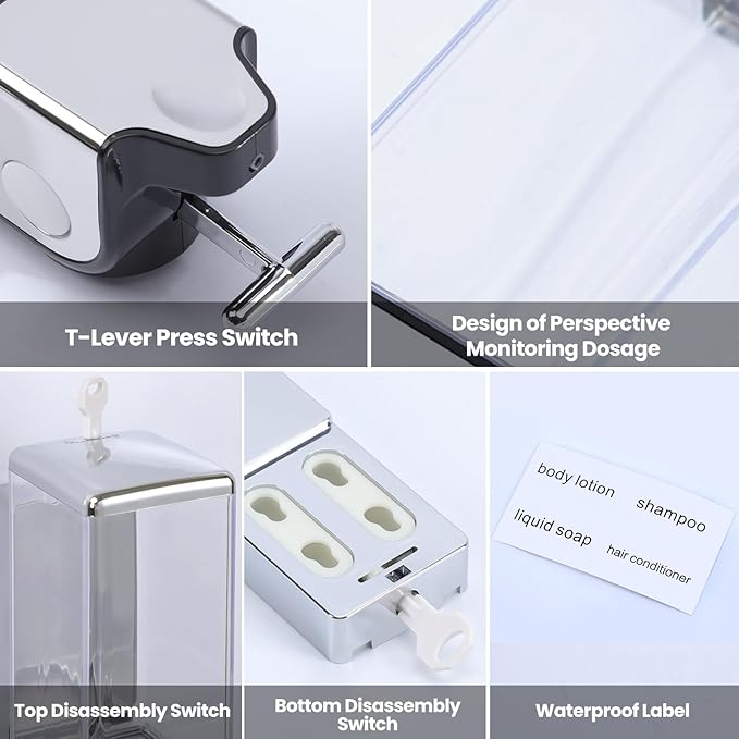 2-in-1 Quadrate Dispensers for The Shower,Shower soap Dispenser,Conditioner Dispenser, Shampoo Dispenser,No Drilled Wall Mounted Distributor,Hotel,Bathroom,Home
