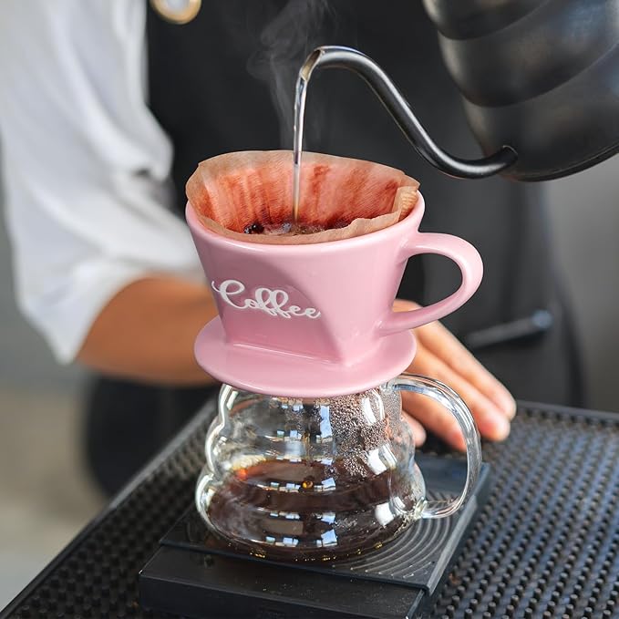 Pour Over Coffee Maker, Ceramic Pour Over Coffee Dripper, Manual Brew Maker, Pink Kitchen Decor and Accessories, Single Cup Porcelain Slow Brewing Accessories for Cafe Coffee Bar