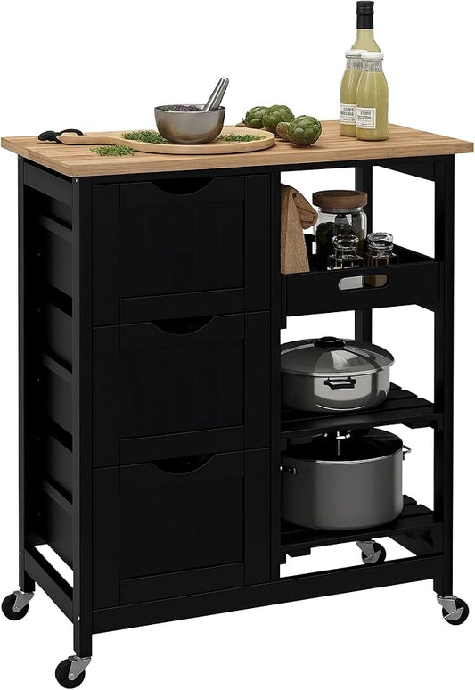 HOMCOM Rolling Kitchen Island Cart, Bar Serving Cart, Compact Trolley on Wheels with Wood Top, Shelves & Drawers for Home Dining Area, Black
