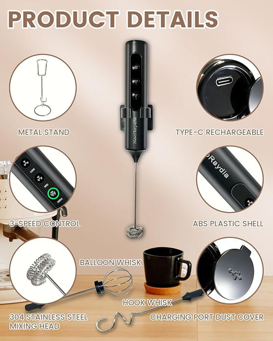 Rechargeable Electric Milk Frother Handheld, 3-Speed Wireless Preventing Splashing Drink Mixer with Stand, 10-Second Frothing for Coffee, Matcha, Latte, Cappuccino, and Protein Shakes, Black
