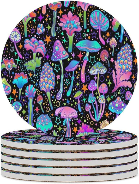 Botanical Drink Coasters, Round Ceramic Drink Coaster Round-6PCS, Psychedelic Fantasy Magic Colorful Trippy Botanical Mushrooms Decor Absorbent Ceramic Coasters for Beverage Cup, Bar, Coffee Table
