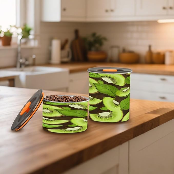 Qilmy Kiwi Fruit Air-Less Vacuum Coffee Storage Container-Airtight Stainless Steel Food Canister with Lid for Beans, Ground Coffee, Tea, Dry Goods, 17oz Kitchen Organizer Jar