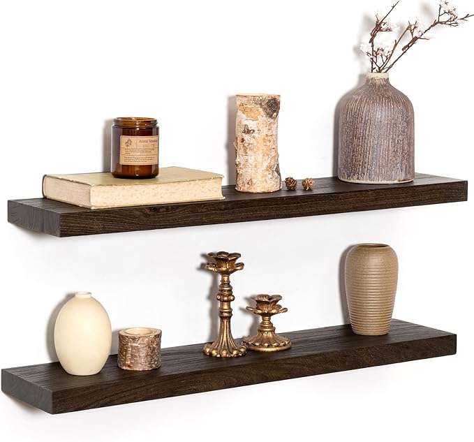 30 Inch Floating Shelves Set of 2, Rustic Solid Elm Wood Floating Shelf for Farmhouse, Living Room, Bedroom, Wall Mounted Bathroom Shelves Heavy-Duty Wall Shelf with Invisible Bracket, Walnut