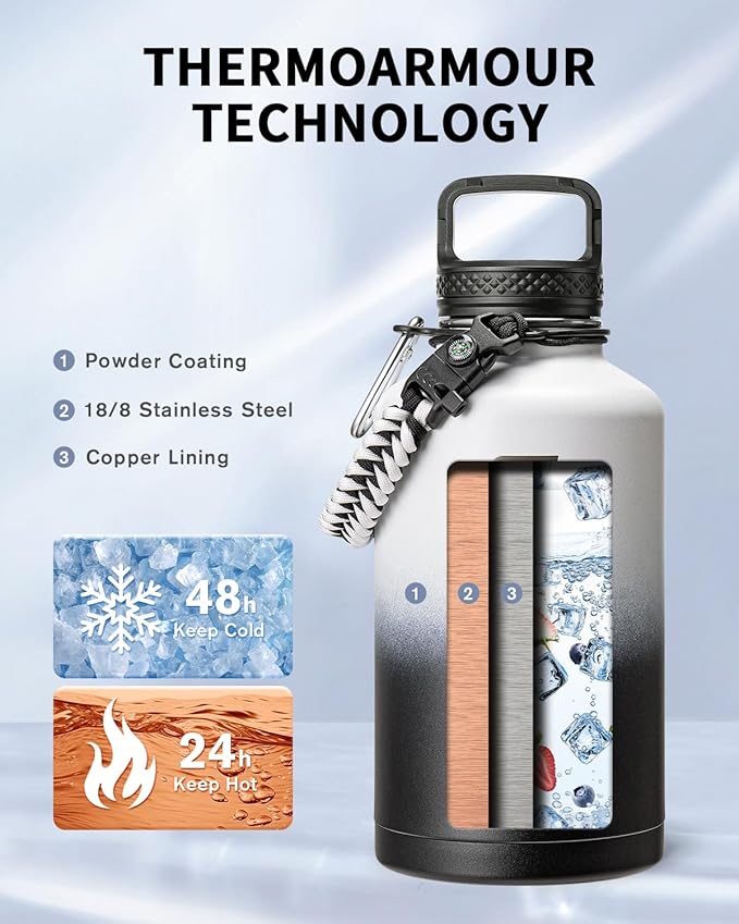 Trebo Water Bottle 64oz with Paracord Handle, Half Gallon Large Vacuum Double Wall Stainless Steel Insulated Water Jug with Holder Strap Straw Spout Lids, Leakproof Keep Cold & Hot,Black and white