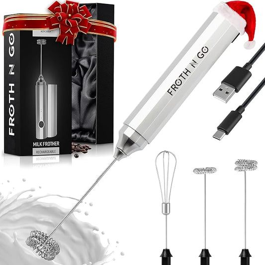 Zulay Froth N Go Milk Frother – Rechargeable 3-in-1 Handheld Frother Wand with Travel Case & USB-C Charger – Single, Double & Egg Whisk for Latte, Cappuccino, Matcha, Protein Shakes – Silver