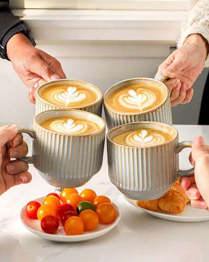HASENSE Coffee Mug Ceramic Set of 4 with Stand - 15 oz Stackable Large Porcelain Ribbed Latte Cup Set for Cappuccino, Tea, Hot Cocoa, Drinks - Dishwasher & Microwave Safe, Lavender Gray