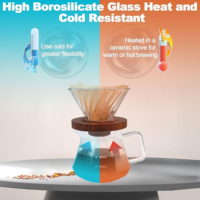 Pour Over Coffee Maker Set 400ml 13.5oz Portable with 50 Pcs Filter Paper Glass Coffee Maker High Borosilicate Glass Eagle Beak Spout Design Walnut Wood Base for Pour Over for Daily Brewing