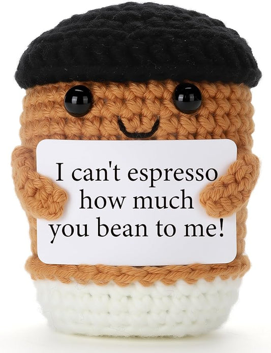Mini Coffee Gifts for Women Men, Birthday Handmade Crochet Coffee Lovers I Love You Gifts for Bestie Boyfriend Girlfriend Friend, Office Desk Decor Inspirational Motivational Encouragement Gift