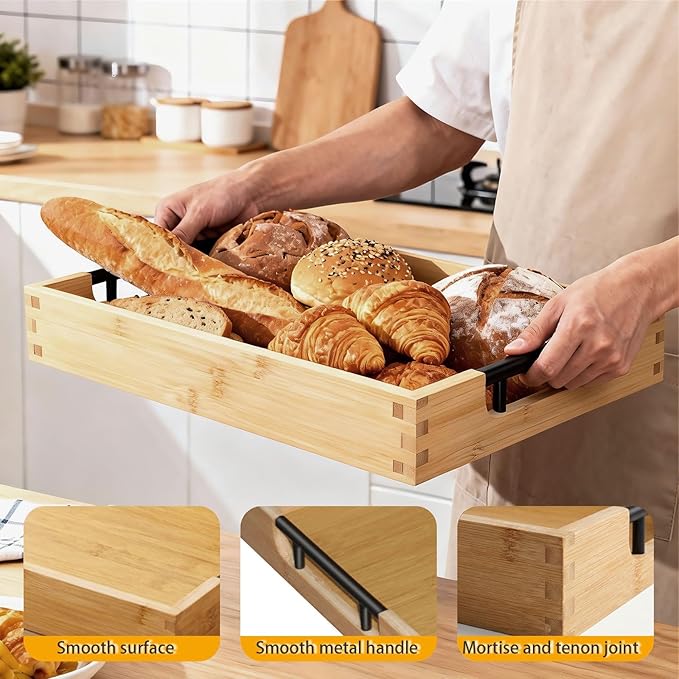 Krismax Wooden Serving Tray with Handles, Serving Platter 15.7x11.4 Inch Food Drinks Tray for Coffee Table,Decorative Storage Tray for Entertaining, Breakfast Tray in Bed,Lunch,Dinner,BBQ(Bamboo)