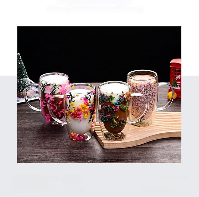 15.22oz, Double Wall Borosilicate Glass Coffee Mug with Heat-Resistant Handle, Insulated Flower Tea Cup, Multi-Color Options (pink,15.22oz)