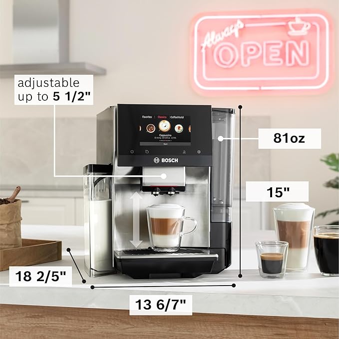 Bosch 800 Series Fully Automatic Espresso and Coffee Machine – 36 Drinks with Coffee World, Cold Brew, Double Cup, Integrated Milk Container, Smart Features, in Stainless Steel TQU60703