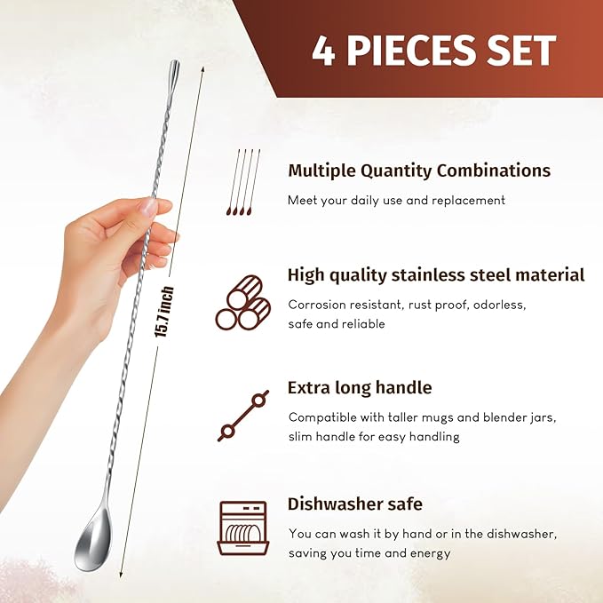 Roshtia 4 Pcs 15.7 Inches Bar Spoon Stainless Steel Cocktail Stirrer Mixing Spoon Spiral Pattern for Bar Cocktail Shaker Tall Cups(Multicolor)