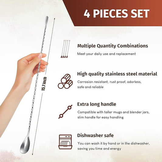 Roshtia 4 Pcs 15.7 Inches Bar Spoon Stainless Steel Cocktail Stirrer Mixing Spoon Spiral Pattern for Bar Cocktail Shaker Tall Cups(Multicolor)