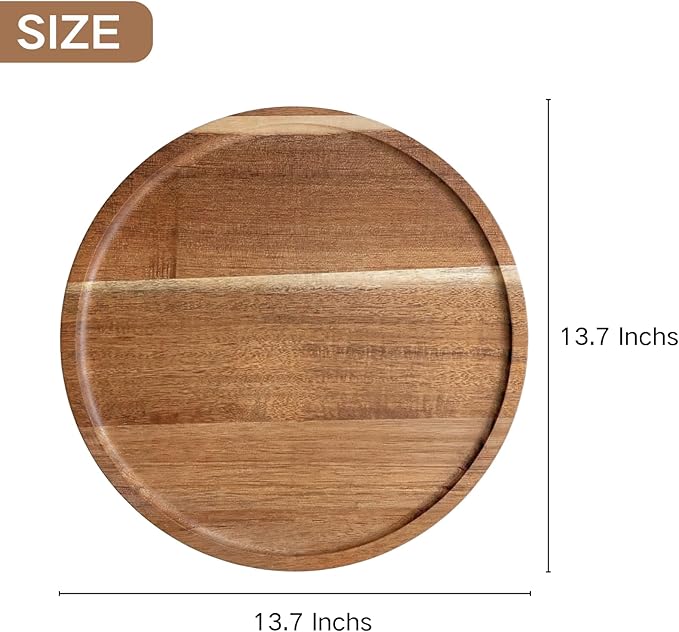 13.7 Inches Charcuterie Board | Multi-Functional Round Wooden Tray – Acacia Wood Serving Tray & Coffee Station Organizer for Kitchen Counter, Decorative Wooden Round Tray for Home Decor