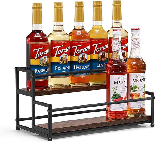 ICOHOT Coffee Syrup Rack Organizer, 2-Tier 10 Syrup Bottles Holder Stand for Coffee Bar, Liquor Bottle Display Shelf Bar Shelf Stand Countertop Rack for Syrup, Wine, Spice