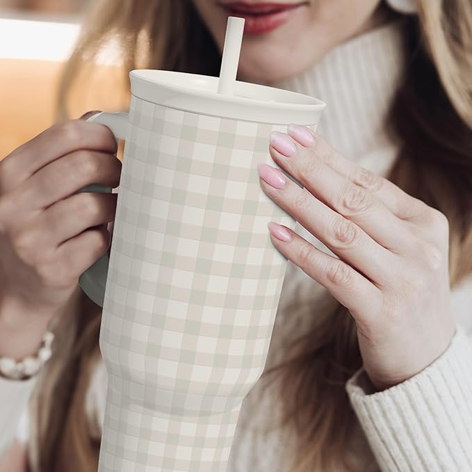 Grey Gingham 40oz Slider Tumbler with Handle and Straw - Insulated Stainless Steel Travel Coffee Mug for Women Girls, Gift for Birthday, Christmas