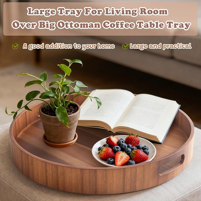 20 Inch Ottoman Coffee Table Tray with Handles, Large Round Wooden Serving Tray, Big Decorative Kitchen Organizer Giant Sofa Storage Trays Huge Counter Serveware