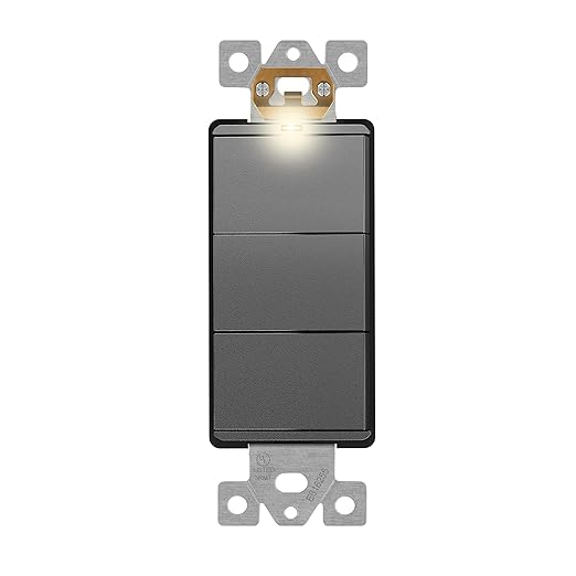 IDER Minimalist Design Matte Finish Lighted Triple Switch, Combination Frameless Decorator Switch with Locator Light, Ground Terminal, Single Pole, 15A 120-277V, UL Listed, LCS3-1P-SG, Space Gray