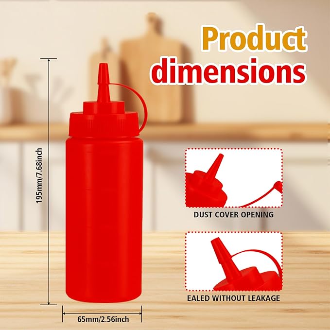 Squeeze Bottles for Sauces,Leak-Proof Condiment Dispenser, BPA-Free Kitchen Restaurant Squeeze Bottle Set with Wide Mouth for Ketchup, Mustard,Syrup,Dressings (Red, 4Pack-16oz(400ml))