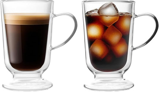 NIRA.Z 12.5 OZ Double Walled Glass Coffee Mugs with Handle Set of 2 Clear Insulated Irish Coffee Cups Hand Blown Glass Cups for Hot Cold Beverages, Cappuccino, Latte, Tea, Espresso, Juice, Americano