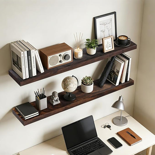 Floating Wall Shelf 48x6.8x1.7 Inch – Solid Wood Shelf in Walnut Finish – Extra Long Wall Mounted Rustic Display Shelf for Living Room, Kitchen, Bedroom, Office – Set of 2