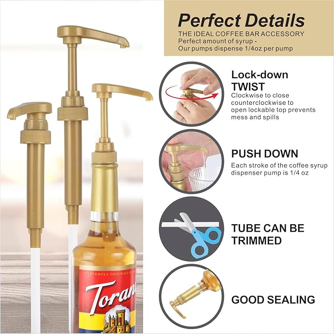 Kinfira 6 Pcs Coffee Syrup Pump Dispenser - Premium Skinny Syrup Pumps Fit for 25.4oz Torani Davinci Syrup Bottles (Gold)