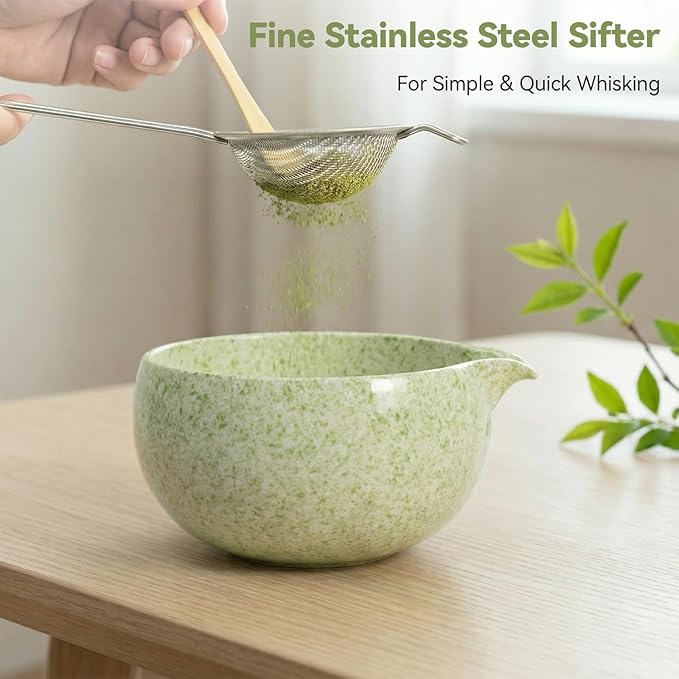 Japanese Matcha Tea Ceremony Set - 7 Piece Complete Matcha Whisk Set with Ceramic Bowl, Bamboo Whisk (Chasen), Sifter & Accessories - Green
