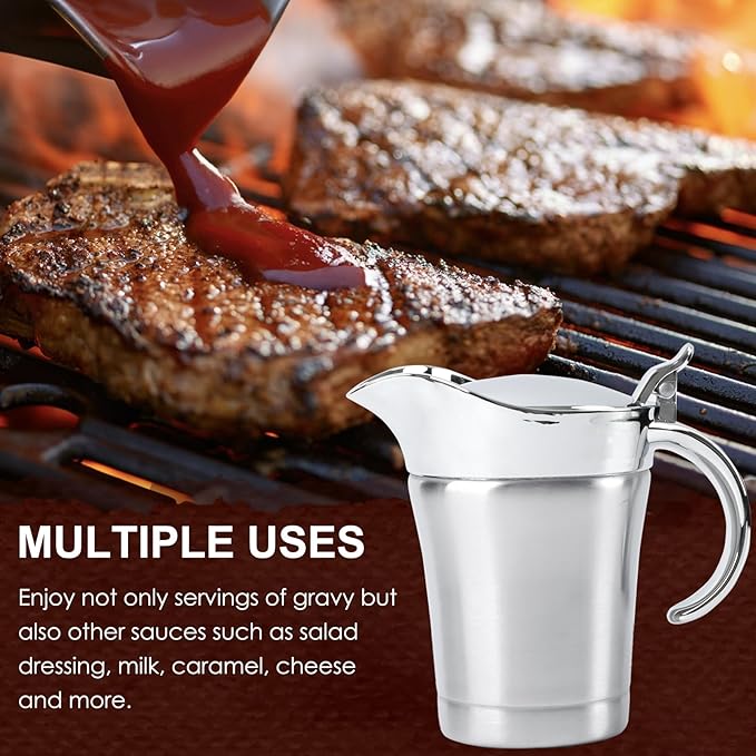 Double Insulated Gravy Boat, 18/8 Stainless Steel Sauce Jug Gravy Boat with Hinged Lid - Ideal for Gravy or Cream at Thanksgiving, Halloween, Christmas, Dishwasher safe (450ML/16 OZ)