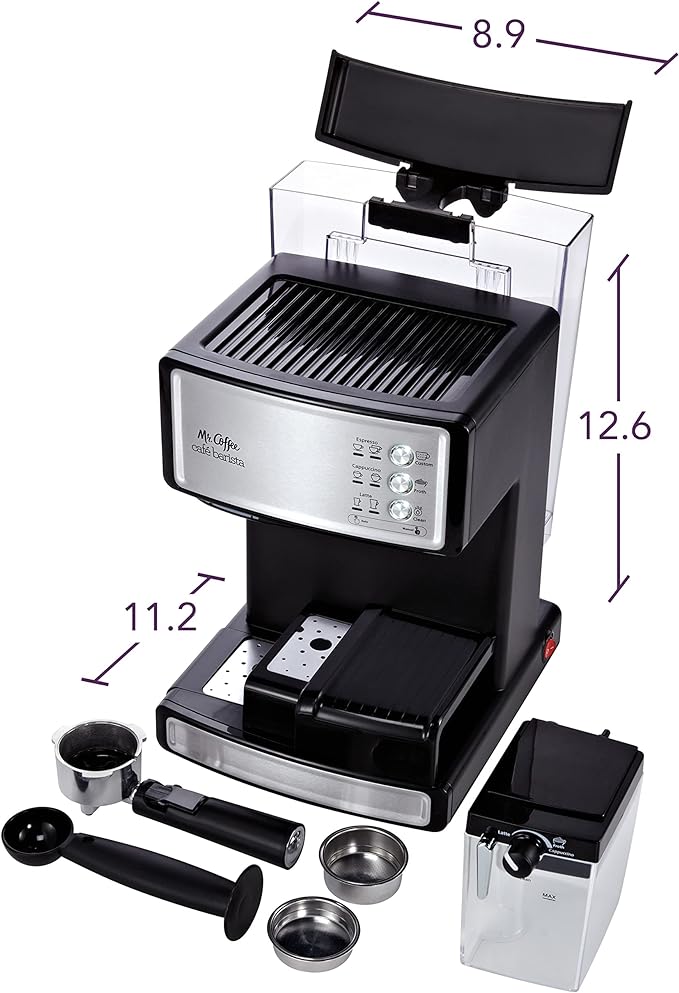 Mr. Coffee Espresso and Cappuccino Machine Stainless Steel Programmable Coffee Maker with Automatic Milk Frother 15-Bar Pump Ideal for Home Baristas