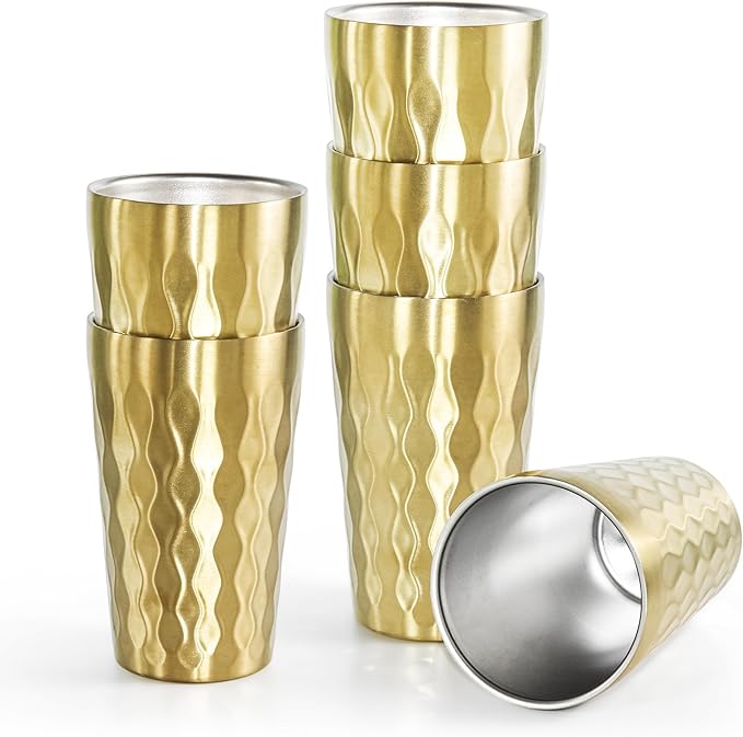 AGH 6 Pack Stainless Steel Cups for Kids, Metal Cups 12oz Double Layer Insulated Cup Pint Cup, Metal Drinking Cups Beer Tumbler Camping Cup Reusable Stackable Cup for Party Outdoor (Matte Gold)
