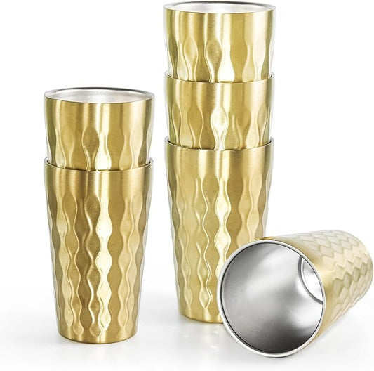 AGH 6 Pack Stainless Steel Cups for Kids, Metal Cups 12oz Double Layer Insulated Cup Pint Cup, Metal Drinking Cups Beer Tumbler Camping Cup Reusable Stackable Cup for Party Outdoor (Matte Gold)