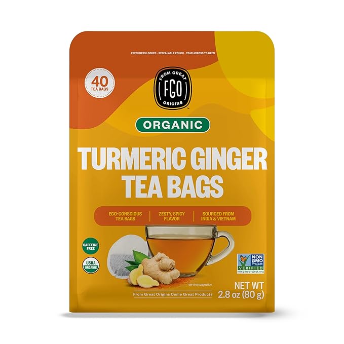 FGO Organic Turmeric Ginger Herbal Tea, 40 Count, Eco-Conscious Tea Bags, Caffeine Free (Pack of 1)