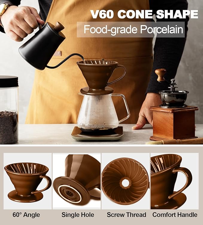 Pour Over Coffee Dripper - Ceramic Cup, Pour Over Coffee Maker Cone, Porcelain Cone, Easy Manual Brew Maker - Strong Flavor Brewer for Home, Cafe, Office - 1-4Cup, V60 Size 02 (Brown)