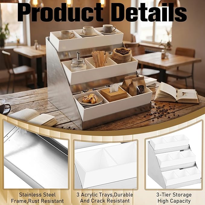 Maxdot Coffee Station Organizer, 3-Tier Stainless Steel Condiment Station with Acrylic Bins, Condiment Organizer for Countertop Station13.4"x11.4"x12.4" for Coffee Bar Shops Kitchen Restaurants Bar