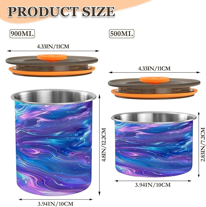 YETTASBIN Iridescent Airtight Food Storage Containers 500ml/19oz, Stainless Steel Coffee Canisters with Vacuum-Lock Lid for Kitchen Organization, Coffee Bean, Tea, Sugar, Flour