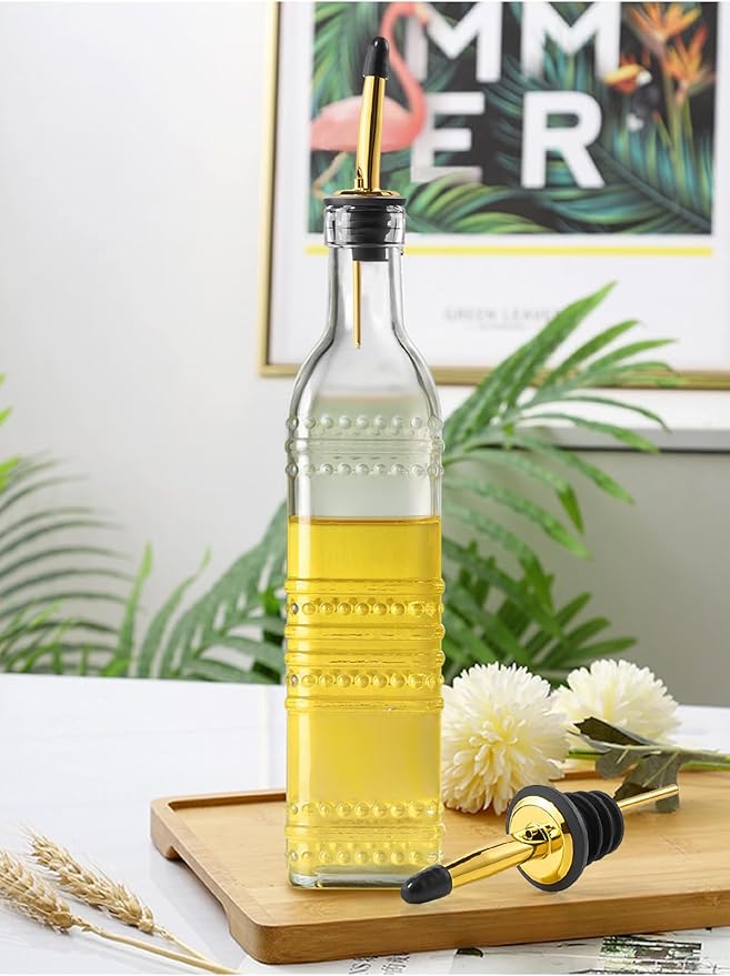 4 Pcs Olive Oil Dispenser Bottle for Kitchen,17oz Clear Glass Oil and Vinegar Dispenser Bottle Set, Classic Coffee Syrup Dispenser with 4 Stainless Steel Spouts and 1 Funnel (Square)