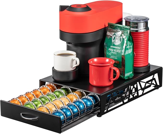 ZCDCP Pod Holder - Modern Sleek Black Metal Coffee Capsule Organizer for Nespresso Pods, Stylish Coffee Machine Stand for Coffee Bar, Office or Home Kitchen(40 Pods Capacity)
