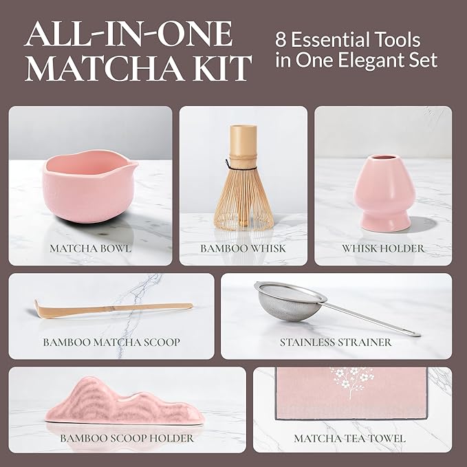 7-Piece Matcha Whisk Set – Ceramic Bowl with Spout, Bamboo Whisk & Holder, Scoop, Sifter, Tea Towel – Complete Ceremonial Tea Kit (Pink)