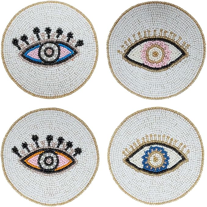 Folkulture Hand-Crafted Evil Eye 2.0 Beaded Coasters Set of 4 | Handmade Boho Drink Coasters for Coffee Table & Bar | Decorative Round Bead Coasters for Cocktails & Wine | New Year & Valentine Gift