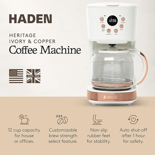 HADEN Coffee Machine, 12 Cup Programmable Drip Coffee Maker with Auto Shut-Off Function and Reusable Washable Water Filter, Ivory & Copper