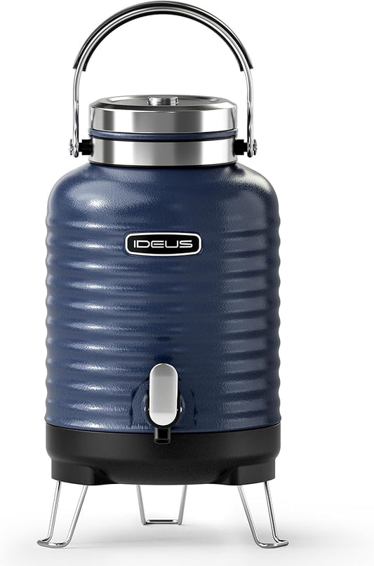 IDEUS Insulated Beverage Dispenser, All-in-one for Camping Vacuum Double-Wall Stainless Steel Water Cooler Coffee Carafe Jug Leakproof Drink Container with Handle, Spigot & Stand (Blue, 1,4gal)