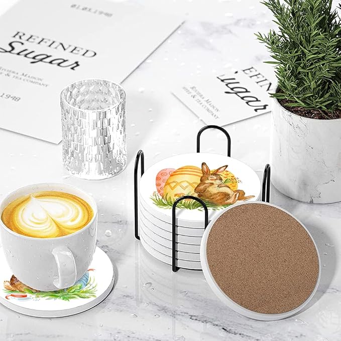 LOKMU Coasters for Drinks,Round Absorbent Ceramic Stone Coaster Sets of 6 with Metal Holder Stand,Watercolor Bunny Happy Easter Coasters with Cork Base for Coffee Wooden Table,Housewarming Gifts