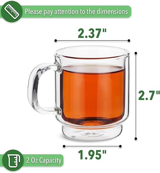 BTaT- Double Walled Stackable Espresso Cups, 2 oz, Set of 6, Clear Demitasse Coffee Mugs, Double Wall Insulated Espresso Cups, Coffee Mugs for Tea, Lattes