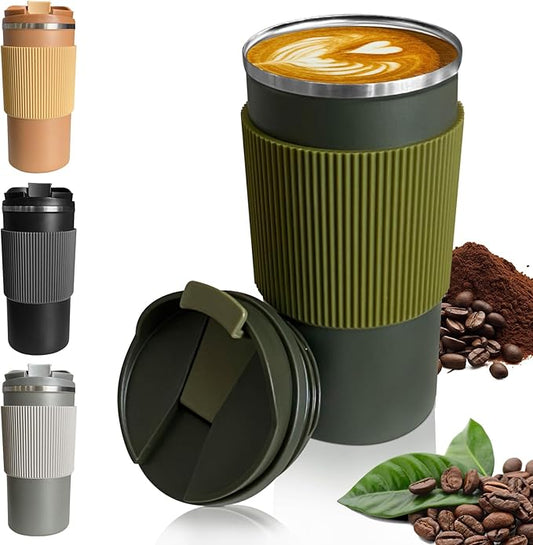 YINBAOGE Upgraded Insulated Travel Coffee Mug, Spill Proof & Leak Proof, Portable Camping Stainless Steel Tumbler, Reusable Thermal Coffee Cup with Lid for Hot & Cold Drinks (4th-Green, 15OZ)