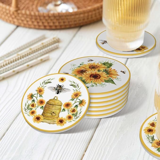 Drink Coasters for Drinks Set of 6, Watercolor Sunflower Cute Bee Absorbent Round Ceramic Stone Mat, with Cork Base and Metal Holder, Home Bar Decor House Warming Gift