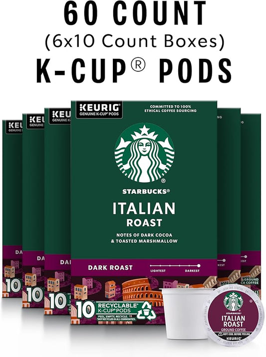 Starbucks K-Cup Coffee Pods, Dark Roast Coffee, Italian Roast for Keurig Brewers, 100% Arabica, 6 boxes (60 pods total)